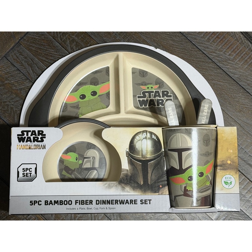 Star Wars Mandalorian Dinnerware Set Kids OS Tan New Bamboo Fiber 5pc Grogu